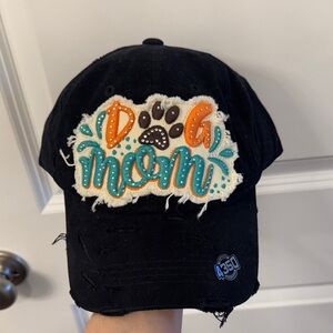 Dog Mom Embroidered Black Distressed Baseball Cap